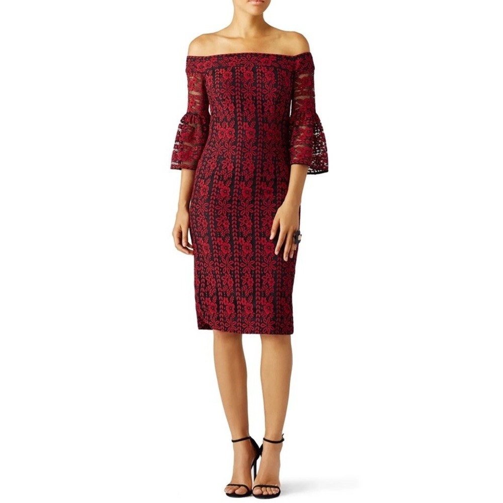 Cynthia Rowley Red Black Floral Lace Off Shoulder Bell Sleeve Sheath Dress 12